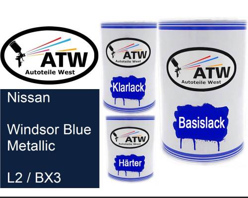 Nissan, Windsor Blue Metallic, L2 / BX3: 500ml Lackdose + 500ml Klarlack + 250ml Härter - Set, von ATW Autoteile West.